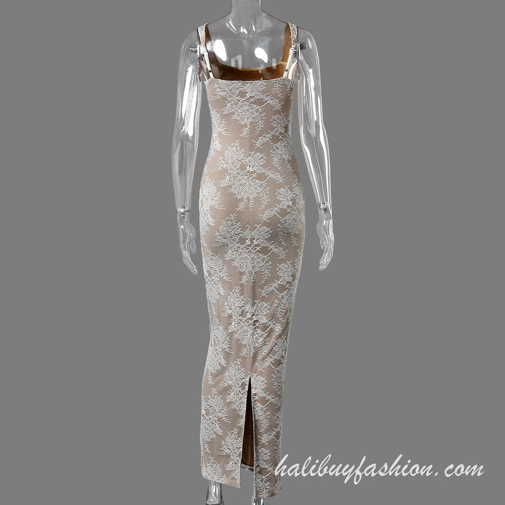 Lace square neck sleeveless see through cami maxi dress - Halibuy - 16