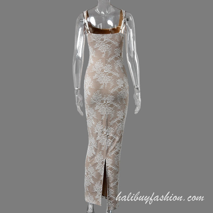 Lace square neck sleeveless see through cami maxi dress - Halibuy - 16