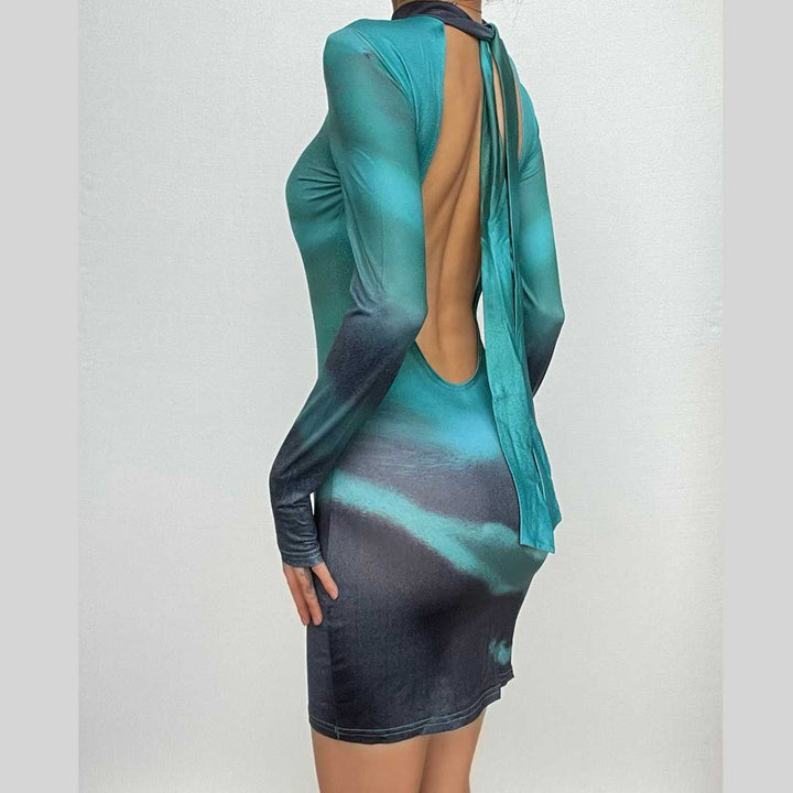 High neck long sleeve self tie backless gradient mini dress-final-sale  | Festival Outfits Women