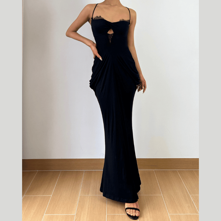 Cross back lace hem v neck ruched maxi dress  | Festival Outfits Women-final-sale