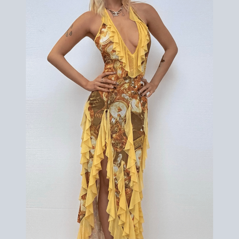 Halter self tie mesh ruffle print v neck maxi dress  | Festival Outfits Women