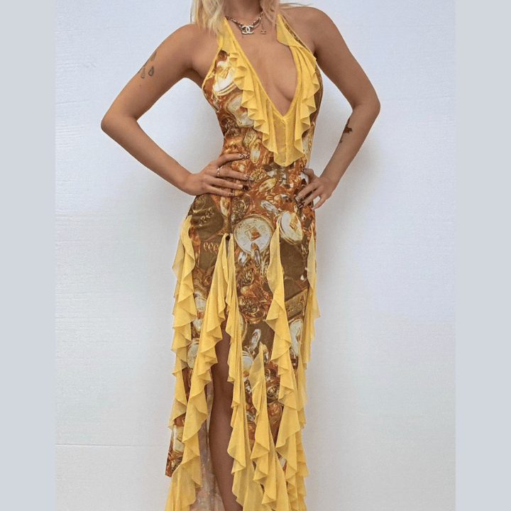 Halter self tie mesh ruffle print v neck maxi dress  | Festival Outfits Women