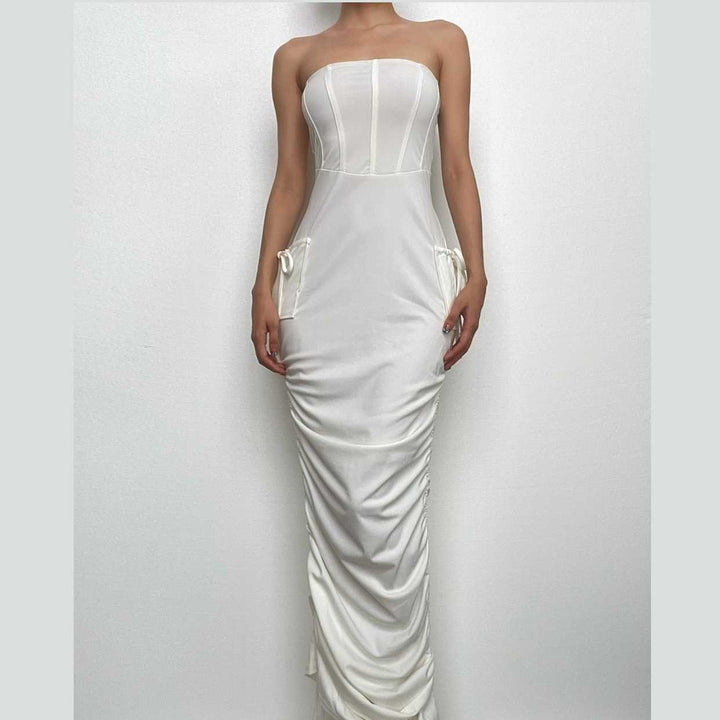 Ruched backless solid drawstring tube midi dress-final-sale  | Festival Outfits Women