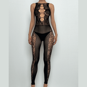 Sleeveless cross front hollow out lace bodystocking  | Festival Outfits Women