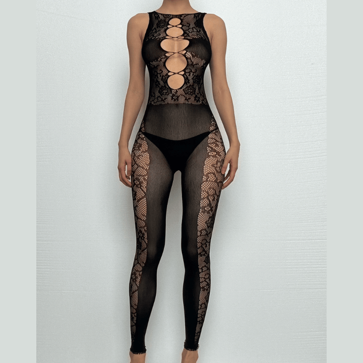 Sleeveless cross front hollow out lace bodystocking  | Festival Outfits Women