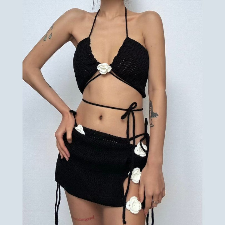 Halter knitted flower applique 3 piece mini skirt set  | Festival Outfits Women