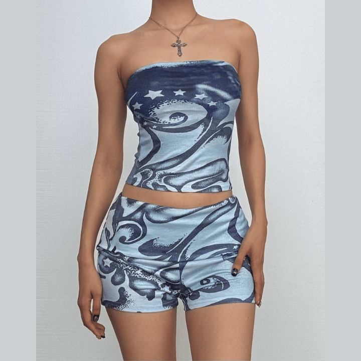 Abstract print backless contrast tube pant set-final-sale