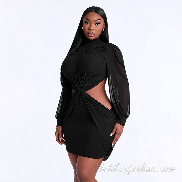 Long sleeve high neck cut out knotted solid ruched mini dress - Halibuy - 16