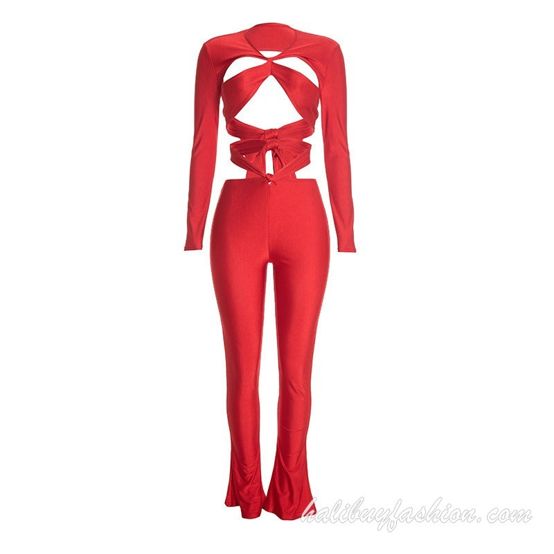 Lace up long sleeve solid backless cut out pant set - Halibuy - 16