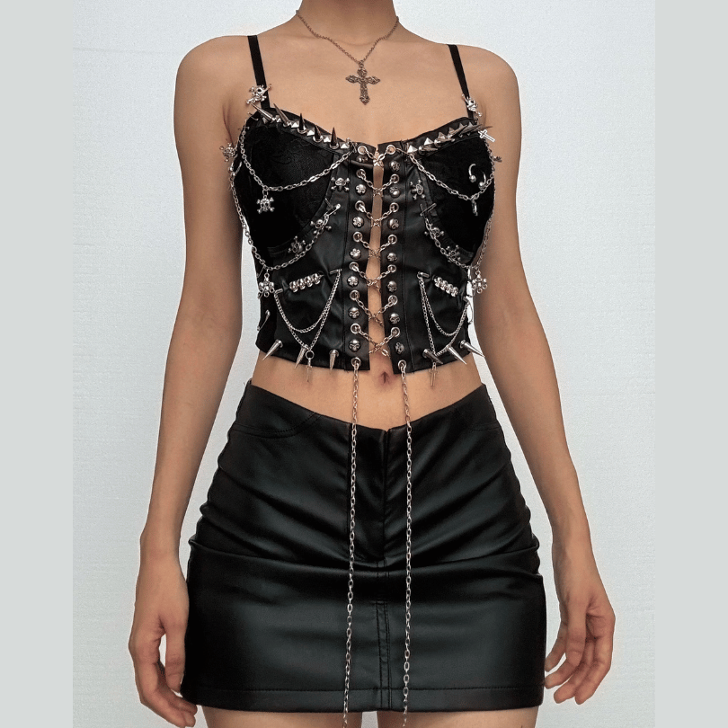 Metal chain rivet lace up PU leather cami top  | Festival Outfits Women-final-sale