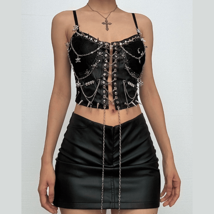 Metal chain rivet lace up PU leather cami top  | Festival Outfits Women-final-sale