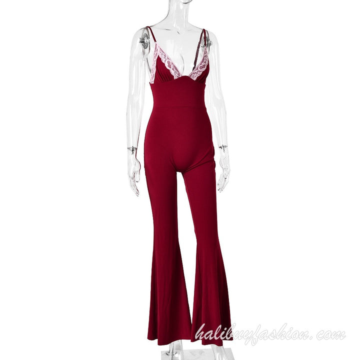 Spaghetti strap sleeveless deep v neck solid lace jumpsuit - Halibuy - 16