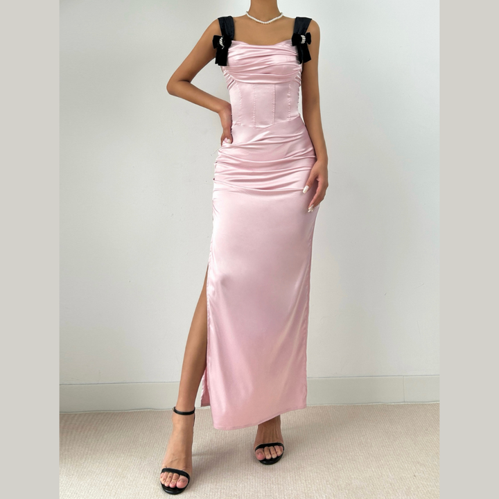 Square neck bowknot ruched slit maxi dress  | Festival Outfits Women