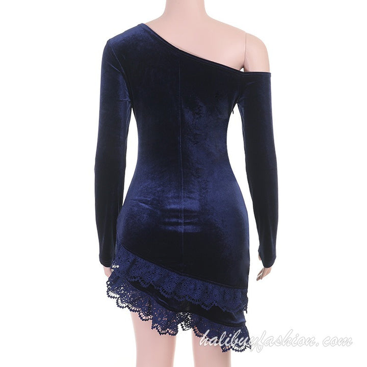 One shoulder long sleeve velvet lace hem ruched mini dress - Halibuy - 16