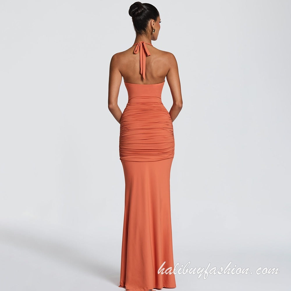 Halter sleeveless solid cut out ruched backless maxi dress - Halibuy - 16