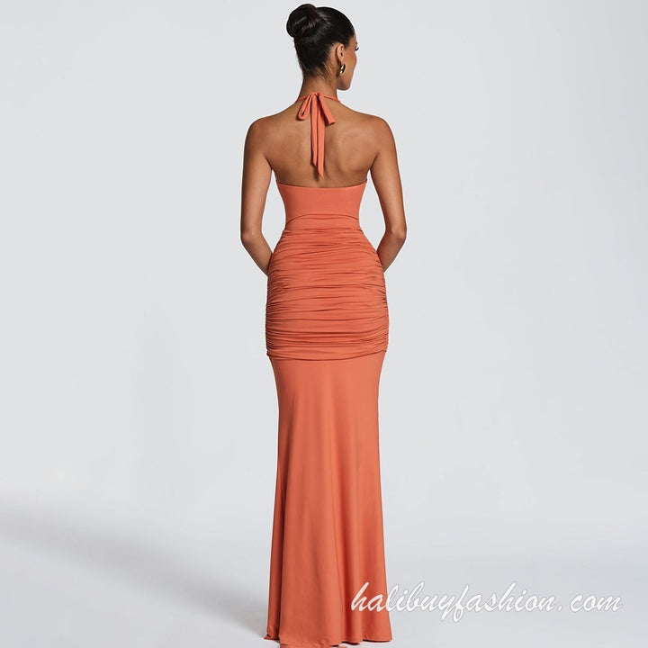 Halter sleeveless solid cut out ruched backless maxi dress - Halibuy - 16