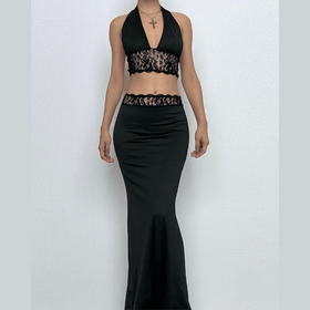Halter v neck lace backless maxi skirt set  | Festival Outfits Women