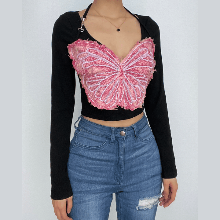 Long sleeve v neck butterfly embroidery halter contrast top-final-sale  | Festival Outfits Women