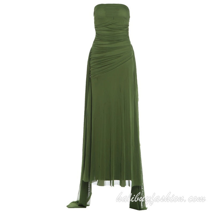 Sleeveless ruched high slit backless solid mesh tube maxi dress - Halibuy - 16