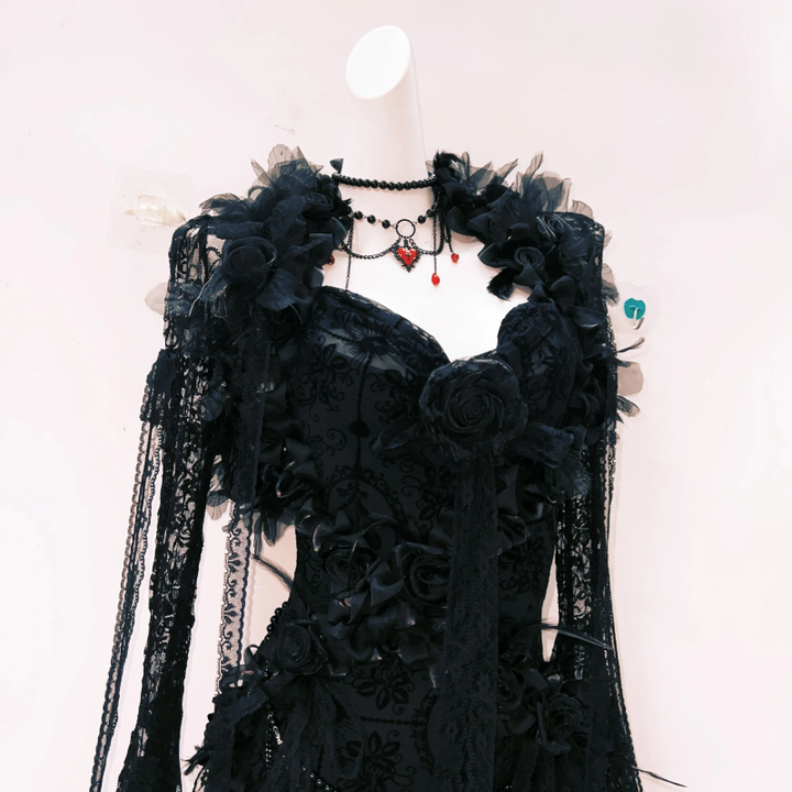 Long sleeve flower applique lace hem shrug maxi dress  | Festival Outfits Women