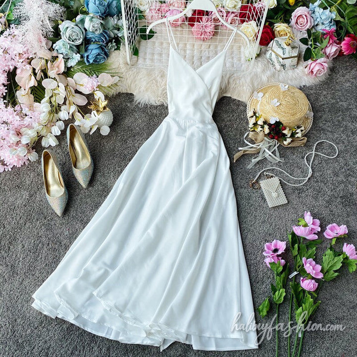 V neck satin cross back cami maxi dress