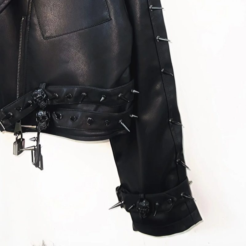 PU leather long sleeve zip-up rivet applique o ring top