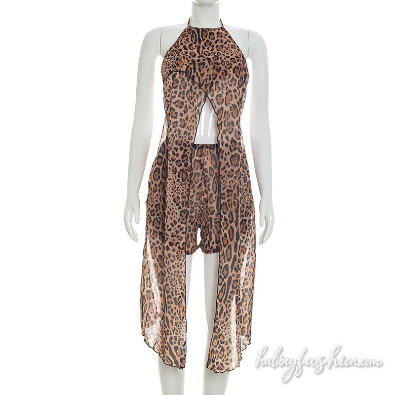 Leopard print self tie halter slit backless pant set