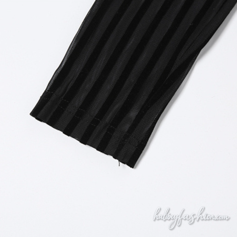 Long sleeve striped u neck mesh solid maxi dress