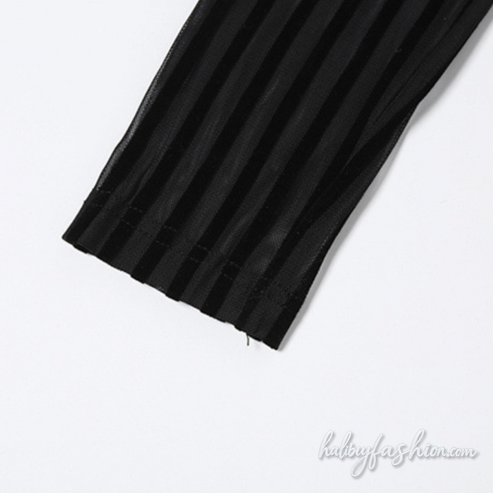 Long sleeve striped u neck mesh solid maxi dress