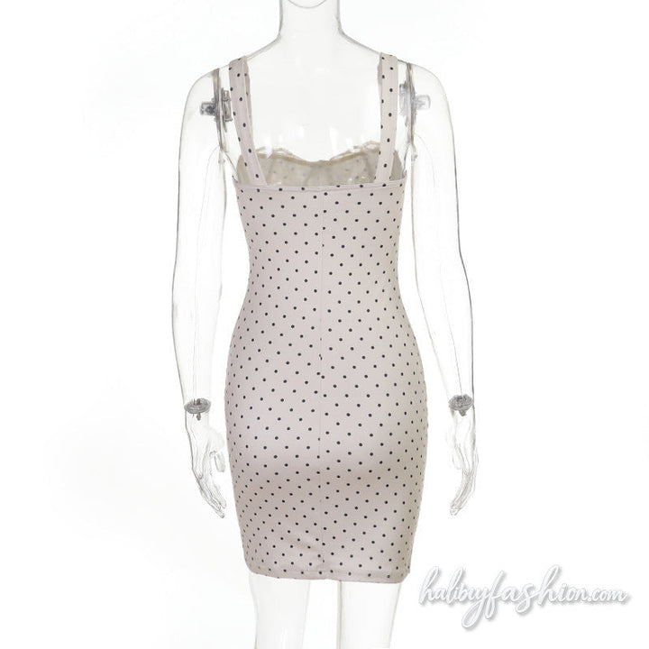 Lace hem self tie polka dot backless cami mini dress
