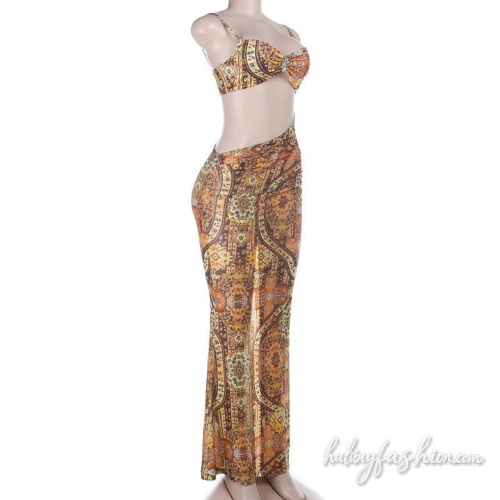 Irregular hollow out print v neck cami maxi dress