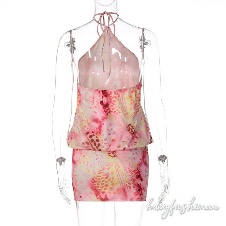 Halter self tie ruched print backless mini dress - Halibuy - 5