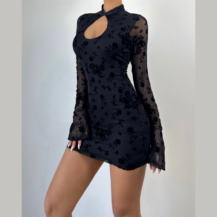 Long flared sleeve hollow out flower print cut out mini dress  | Festival Outfits Women