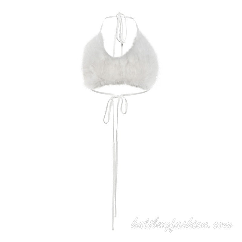 Halter fluffy backless self tie solid top - Halibuy - 17