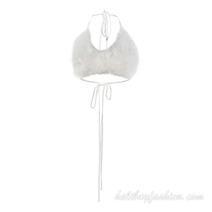 Halter fluffy backless self tie solid top - Halibuy - 17