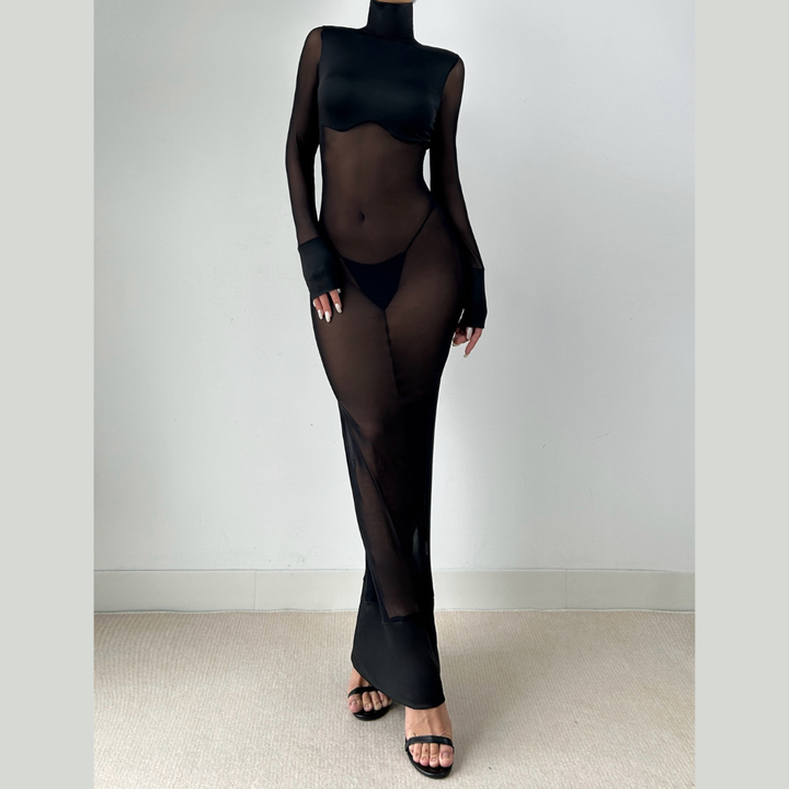 High neck long sleeve mesh solid maxi dress  | Festival Outfits Women