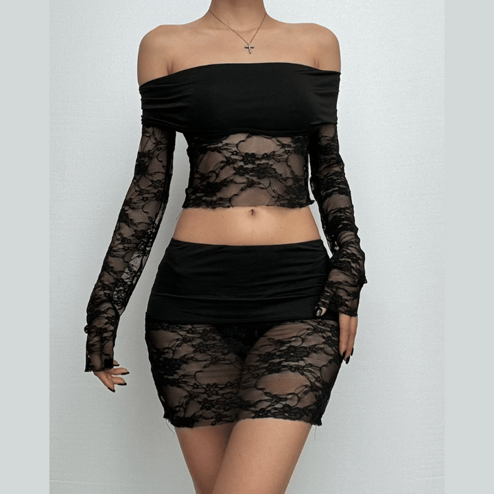Long sleeve off shoulder lace see through mini skirt set  | Festival Outfits Women