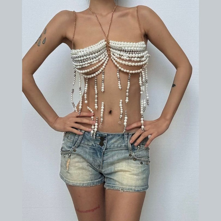 Halter metal chain beaded backless top  | Festival Outfits Women