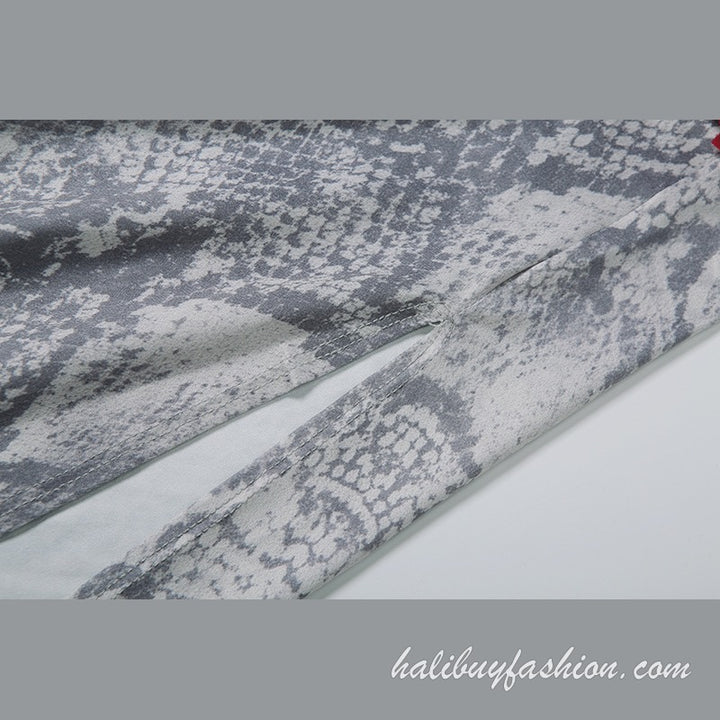 One shoulder snakeskin print hollow out high slit ruffle maxi dress - Halibuy - 17