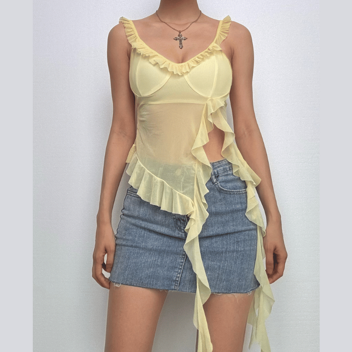 Kaya mai kauri da aka yi da u-neck ruffle slit sheer sheer mesh solid cami top | Kayan Biki na Mata