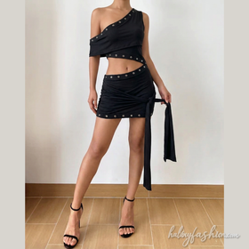 One shoulder irregular hollow out solid mini dress