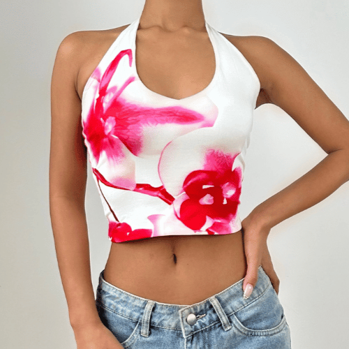 Halter flower print backless top  | Festival Outfits Women-final-sale