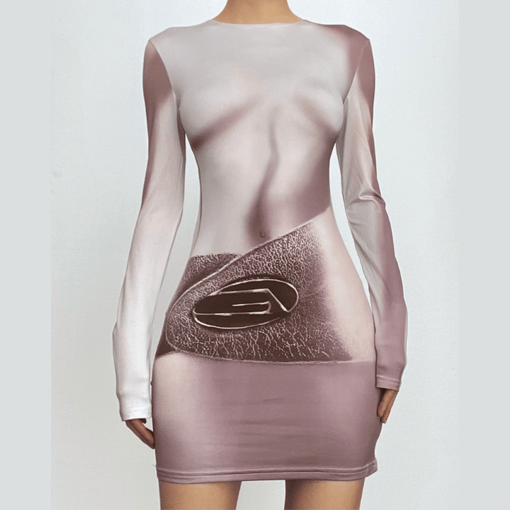 Long sleeve body print crewneck contrast mini dress-final-sale  | Festival Outfits Women