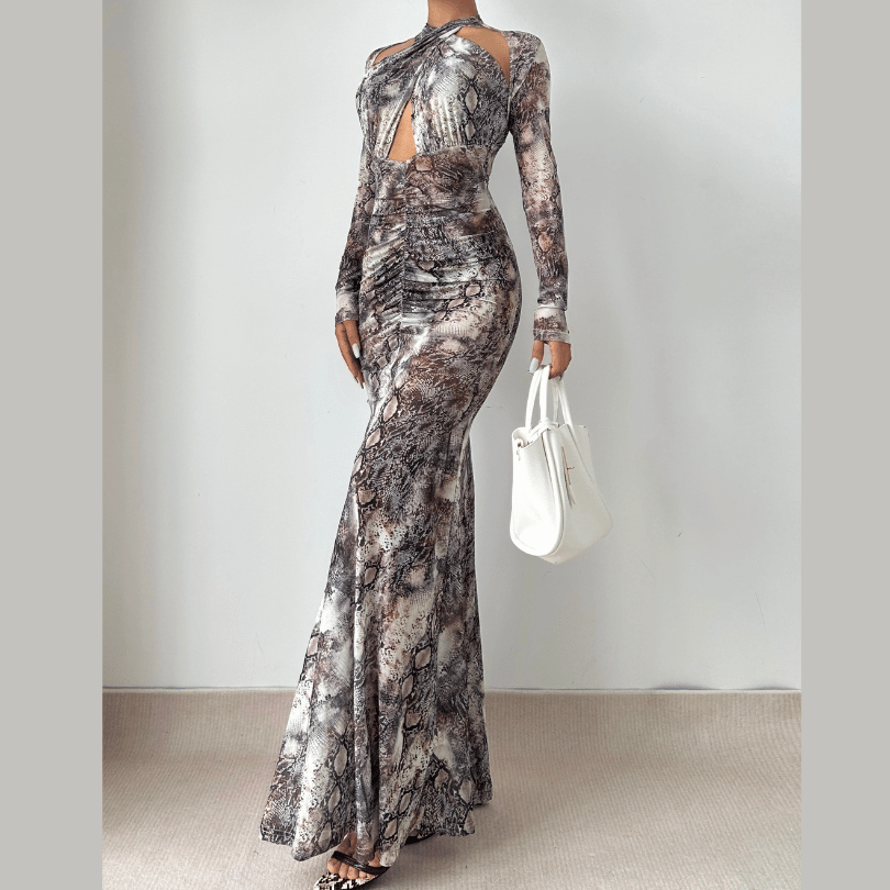 Long sleeve hollow out snakeskin print cut out maxi dress  | Festival Outfits Women