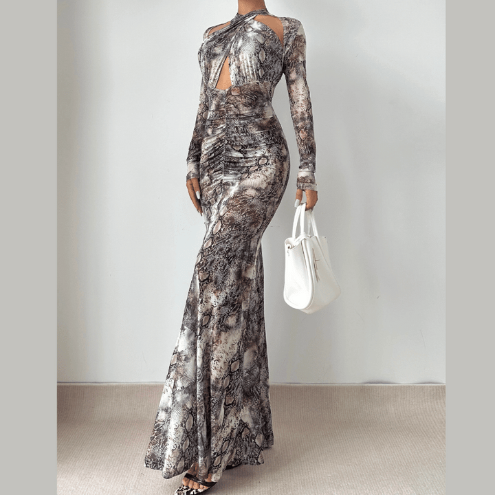 Long sleeve hollow out snakeskin print cut out maxi dress  | Festival Outfits Women