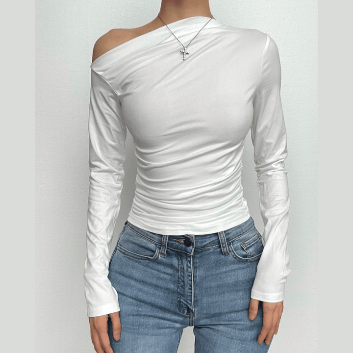 Ruched long sleeve off shoulder solid irregular top