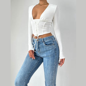 Lace up corset long sleeve solid top  | Festival Outfits Women-final-sale