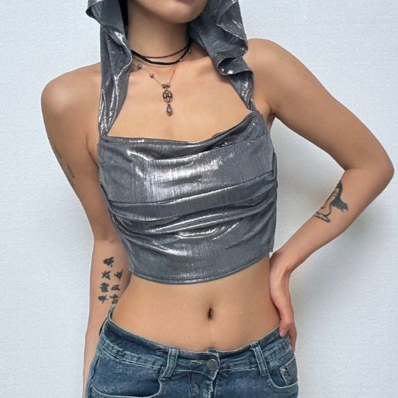 Hoodie metallic backless lace up crop top  | Festival Outfits Women-final-sale
