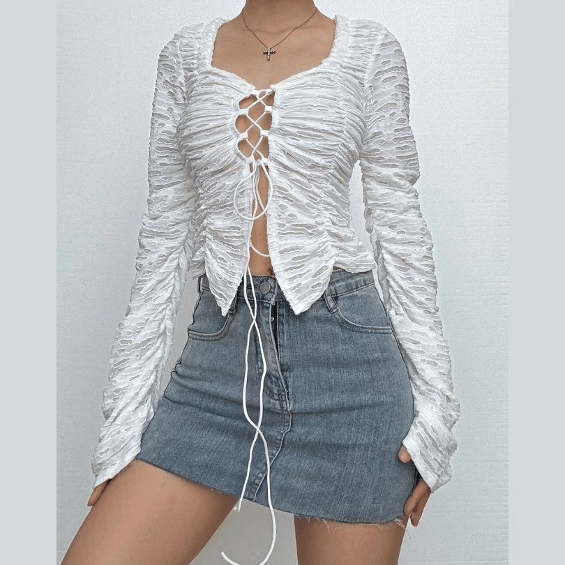 Long sleeve cross front textured top  | Festival Outfits Women