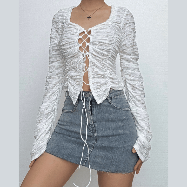 Long sleeve cross front textured top  | Festival Outfits Women